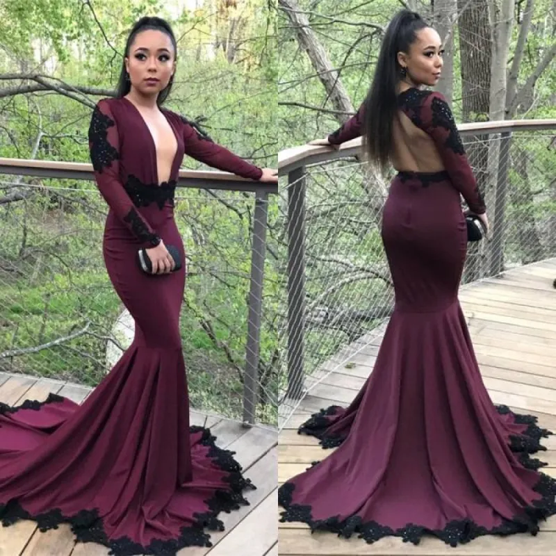 Long Sleeve Deep v-neck Burgundy Prom Dresses sold by My Chic Dress