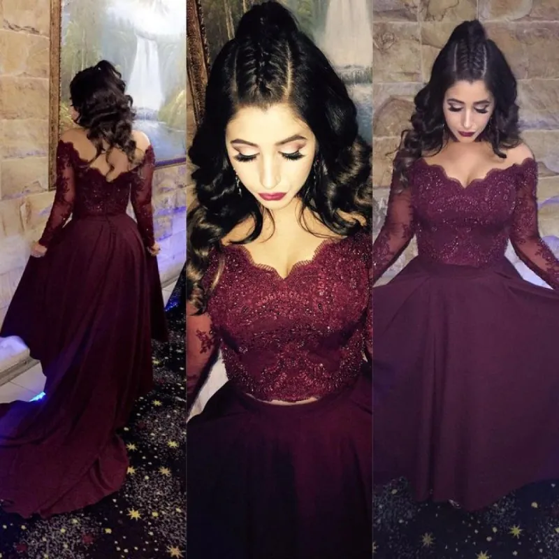 2025 A-line Long-Sleeve Lace Burgundy Prom Dresses Hi low Beads Dress sold by My Chic Dress