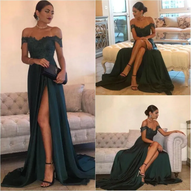 Floor-Length Off-the-Shoulder Lace Navy Blue Prom Dresses Long Split sold by My Chic Dress