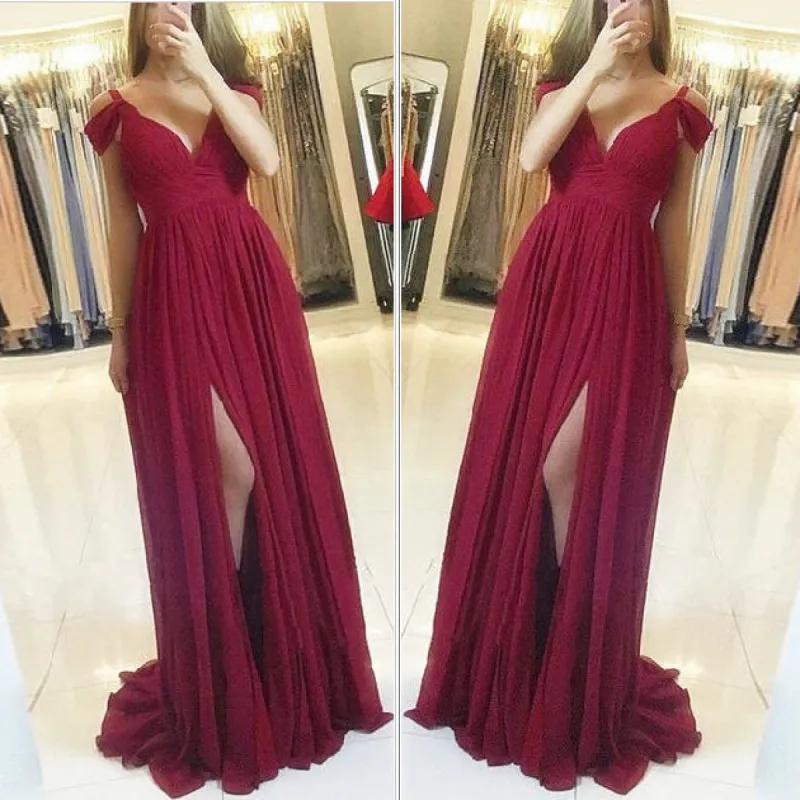 Simple A-line Off-the-Shoulder Chiffon Burgundy Prom Dresses sold by My Chic Dress