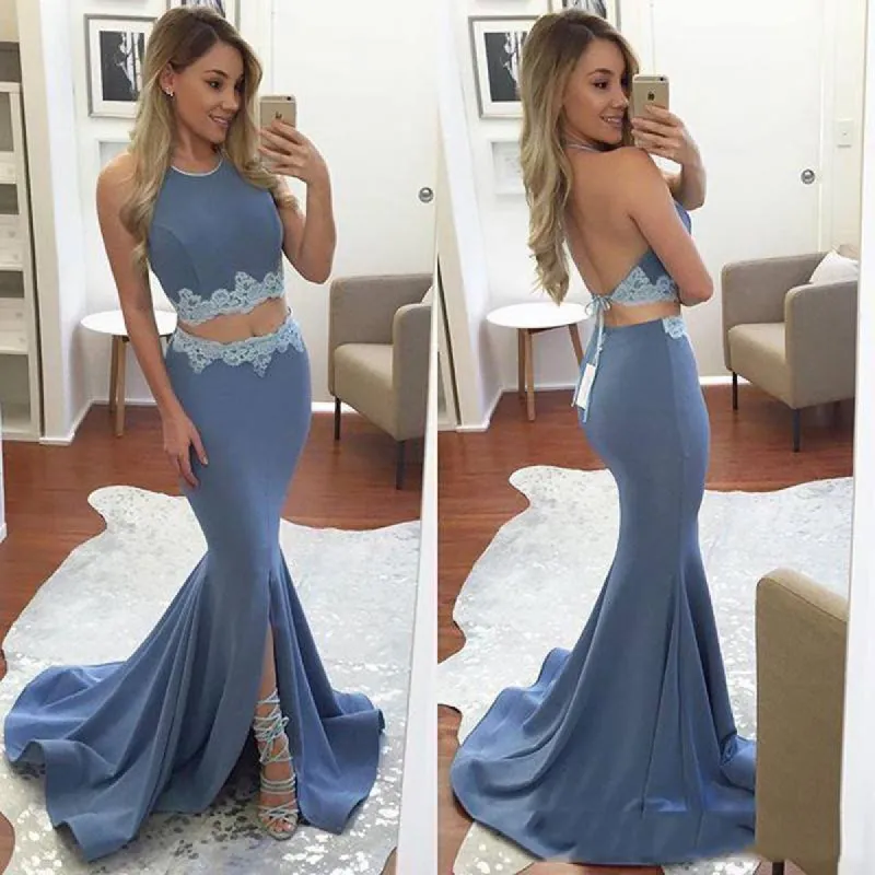 Sexy Mermaid Halter two Pieces Prom Dresses Backless Front-Split sold by My Chic Dress
