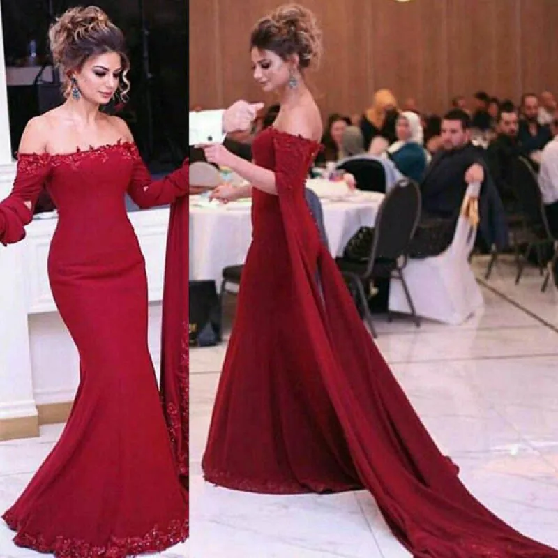 Off-shoulder Lace Burgundy Prom Dresses Appliques Mermaid Gowns sold by My Chic Dress
