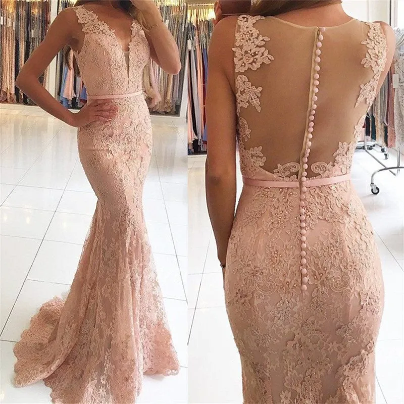 Mermaid Pink Prom Dresses Lace Sexy Long Evening Gowns sold by My Chic Dress