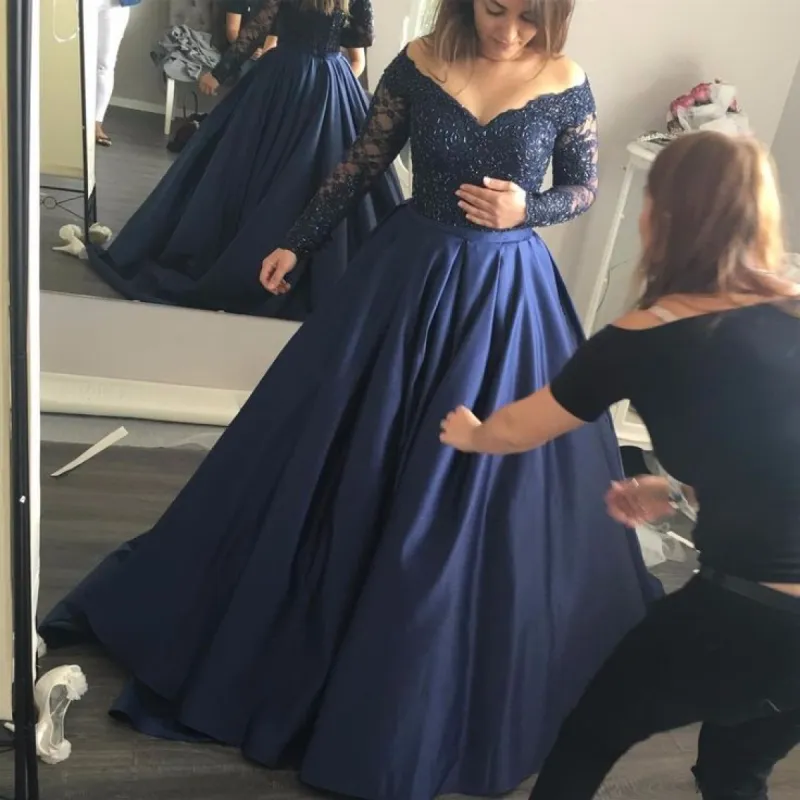 Navy-Blue Off-the-Shoulder Prom Dresses Lace Long-Sleeves Gowns sold by My Chic Dress