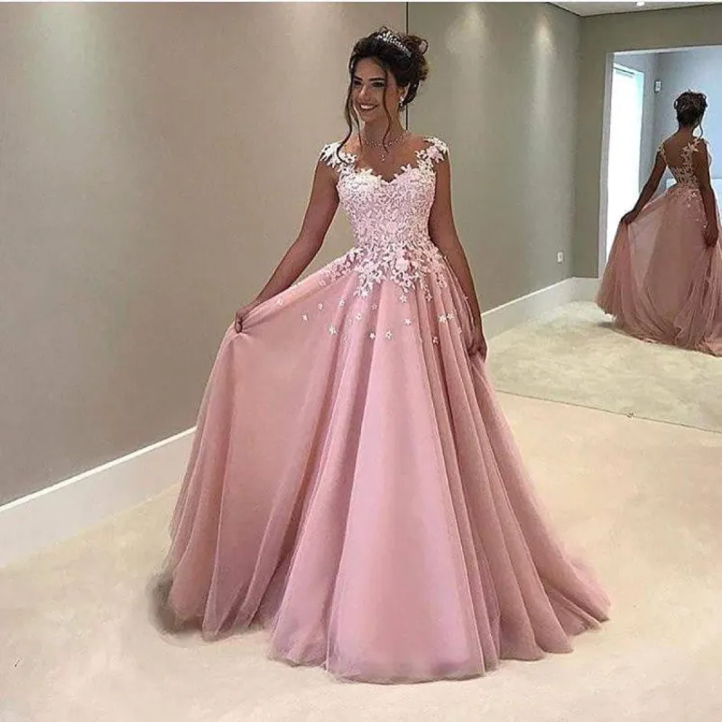 A-Line Lace Pink Prom Dresses V-Neck Cap-Sleeves Dresses sold by My Chic Dress