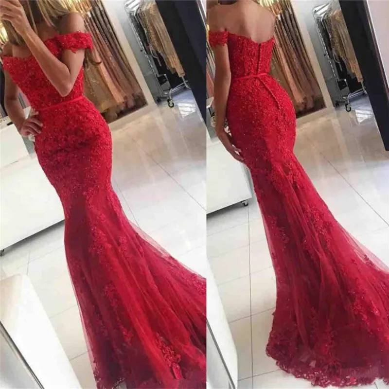 2025 Lace Red Prom Dresses Off-the-shoulder Mermaid Appliques Gowns sold by My Chic Dress
