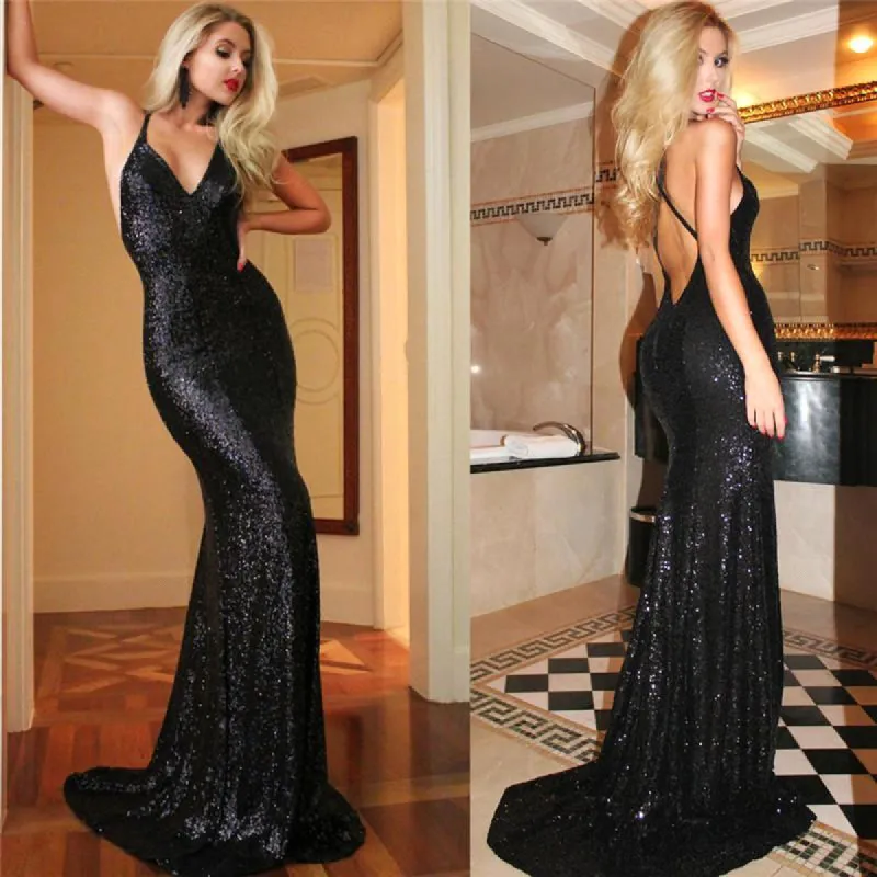 Sexy Black Sequin Prom Dresses Mermaid V-Neck Open Back sold by My Chic Dress