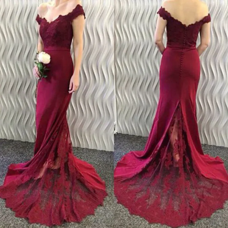 Lace Burgundy Bridesmaid Dress Off-the-Shoulder Mermaid Prom Dresses sold by My Chic Dress