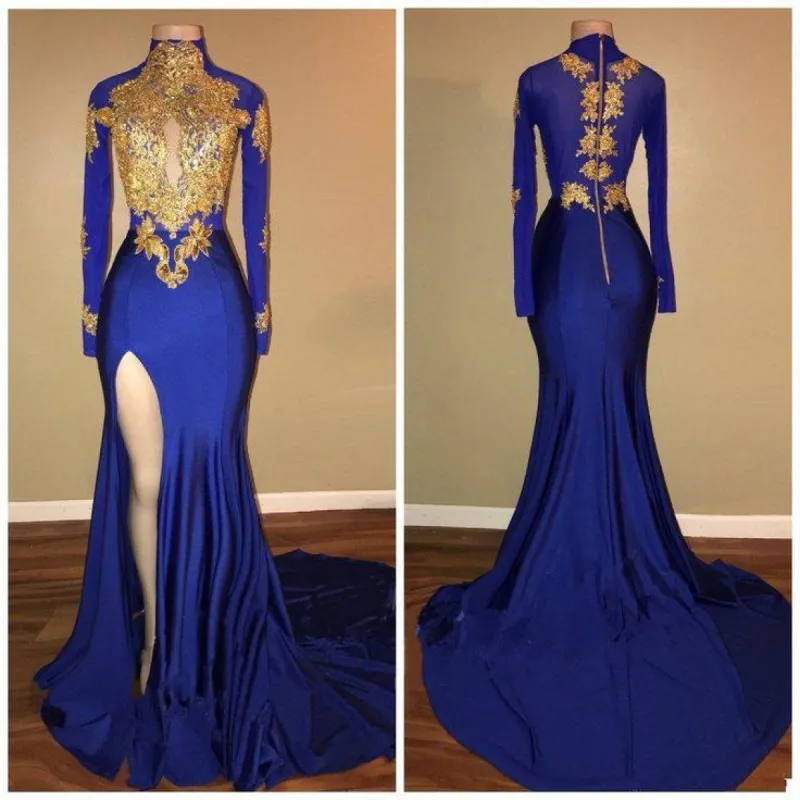 Long Sleeves Blue Gold Prom Dresses Side Slit Evening Gowns sold by My Chic Dress