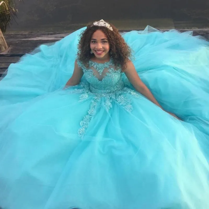 Sweet Jewel Beadings Long Blue Quinceanera Dresses sold by My Chic Dress