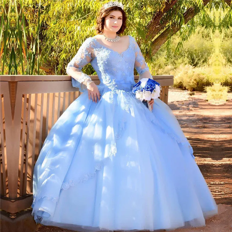 Blue V-neck 15 Dresses Illusion Long-Sleeves Quinceanera Dresses sold by My Chic Dress