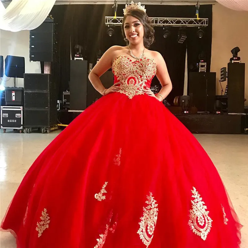 Sweetheart Lace-up Appliques Bright Red Ball Gown Quinceanera Dresses sold by My Chic Dress