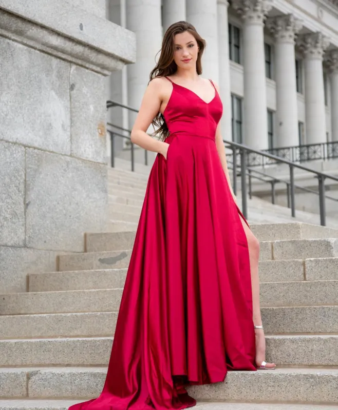 Sexy V neck Split Backless Red Bridesmaid Dresses with pockets Dress sold by My Chic Dress