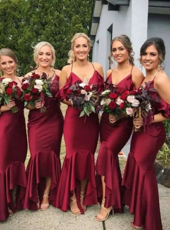 Cheap Mermaid Satin Burgundy Bridesmaid Dress Spaghetti Straps sold by My Chic Dress