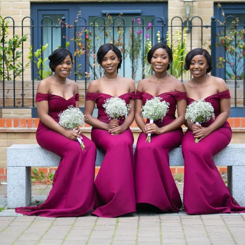 Mermaid Lace Burgundy Bridesmaid Dresses Off the Shoulder sold by My Chic Dress