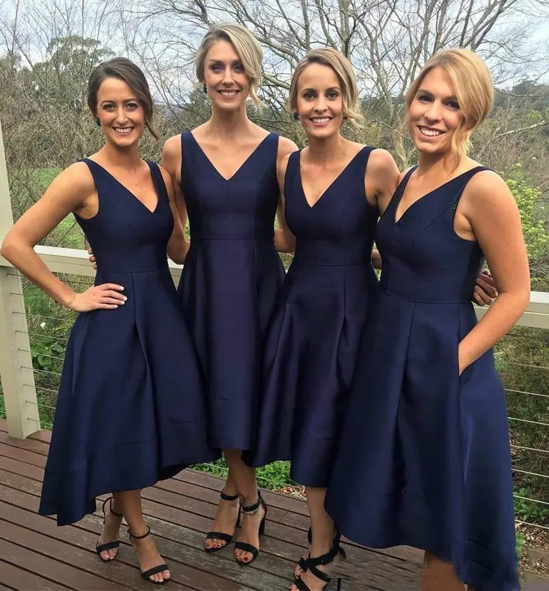 Simple Satin V Neck Navy Blue Short Bridesmaid Dresses with Pockets sold by My Chic Dress