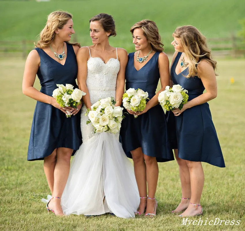 Simple Satin V Neck Navy Blue Short Bridesmaid Dresses with Pockets sold by My Chic Dress product image thumbnail 2
