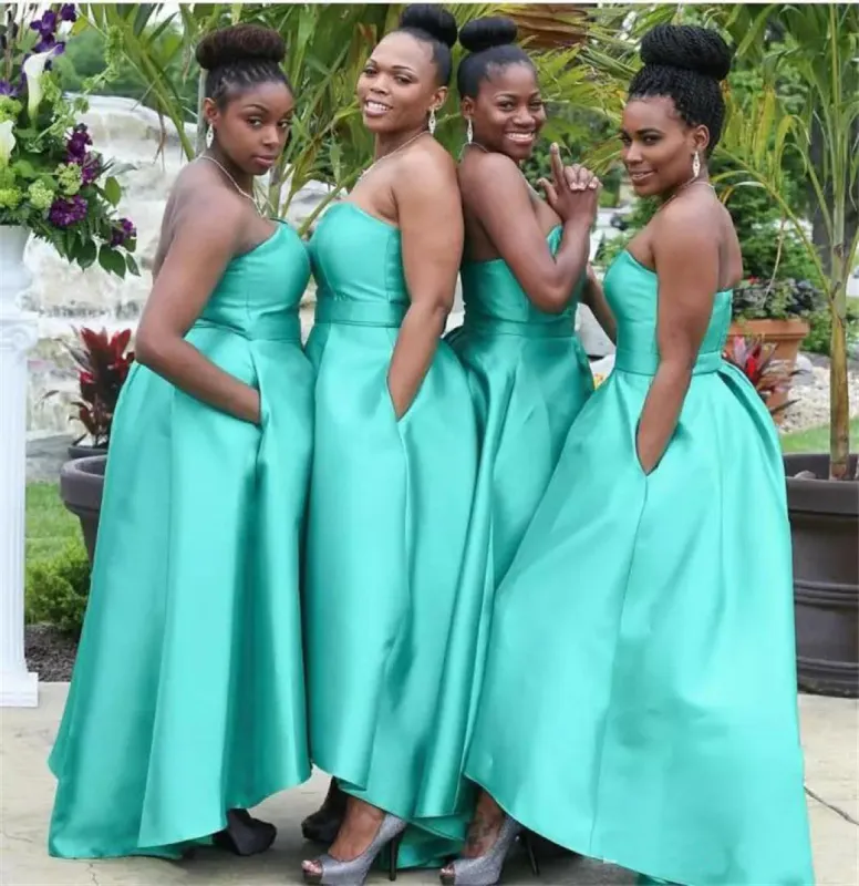Mermaid Satin High Low Turquoise Bridesmaid Dresses with Pockets sold by My Chic Dress