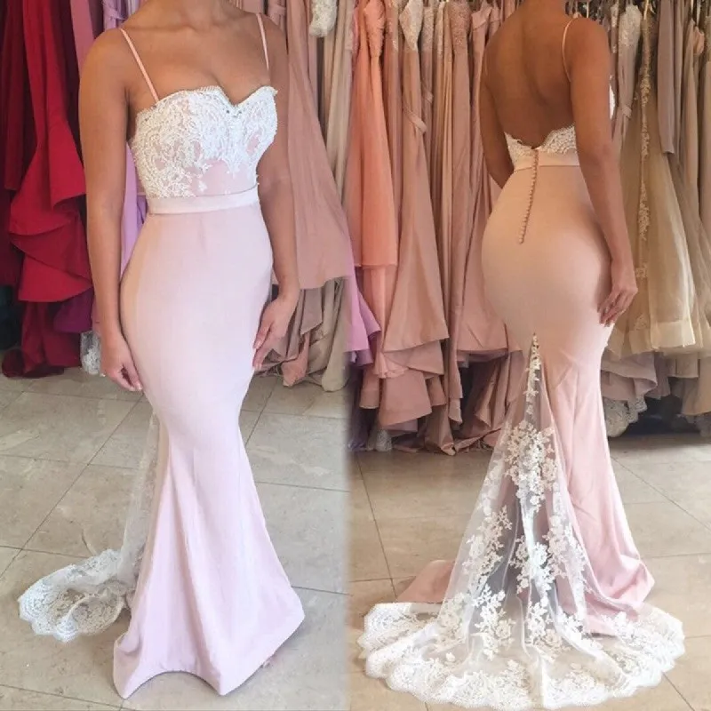 Cheap Mermaid Backless Pink Lace Formal Prom Dresses sold by My Chic Dress