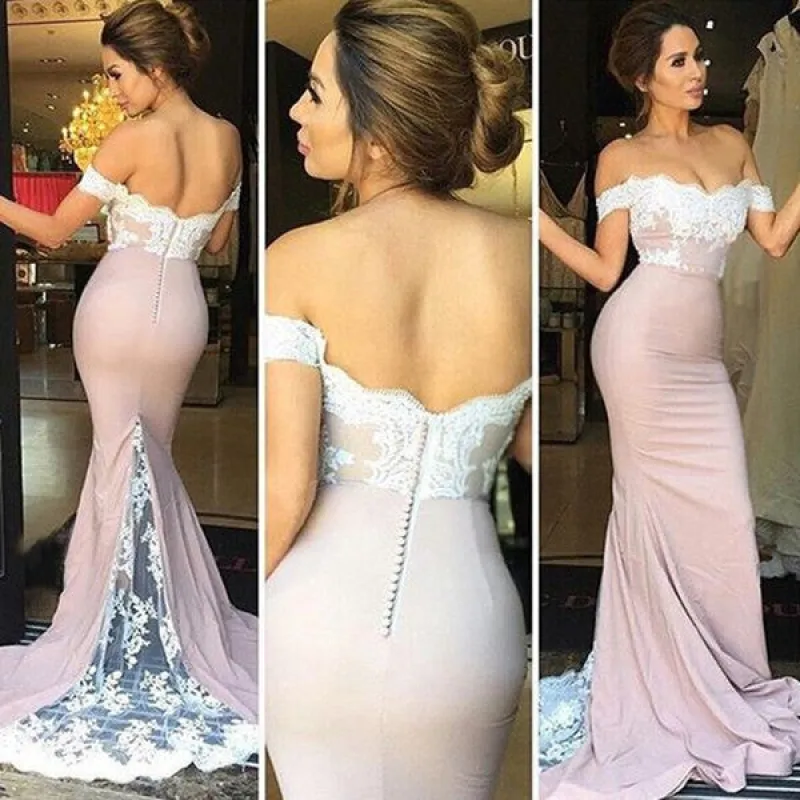 Mermaid Off-the-Shoulder Blushing Pink Lace Prom Dresses sold by My Chic Dress