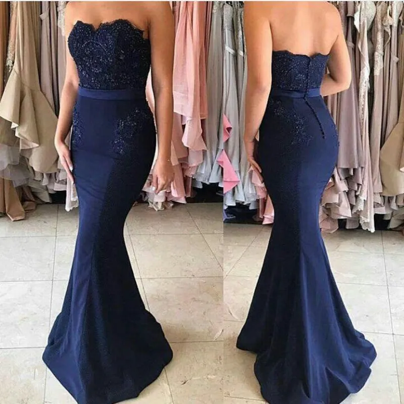 Simple Strapless Mermaid Navy Blue Prom Dresses Beading Appliques sold by My Chic Dress