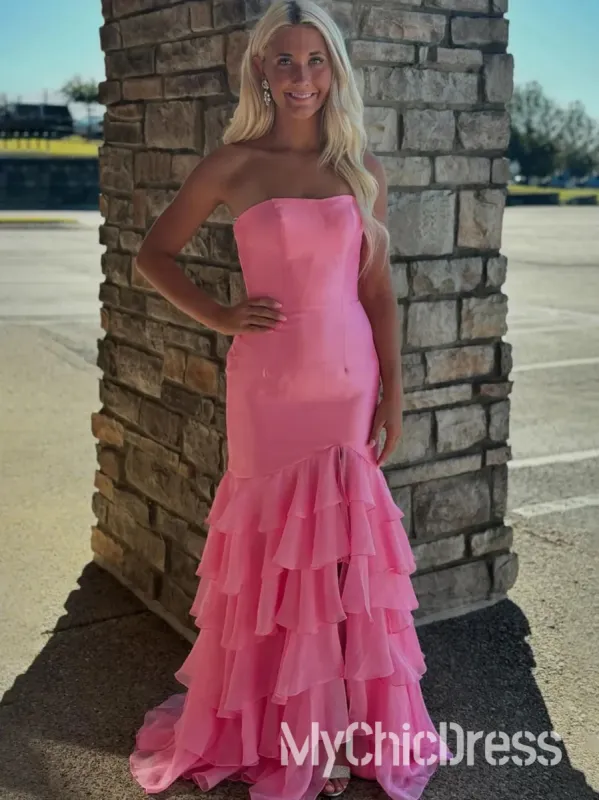 Pink Strapless Satin Mermaid Formal Dress Ruffles for Party sold by My Chic Dress