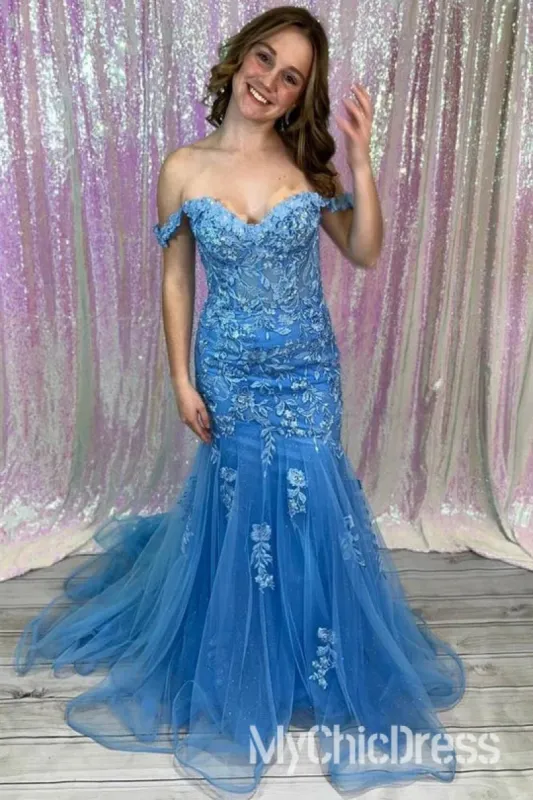 Off-Shoulder Blue Lace Prom Dresses Mermaid Appliques Tulle sold by My Chic Dress