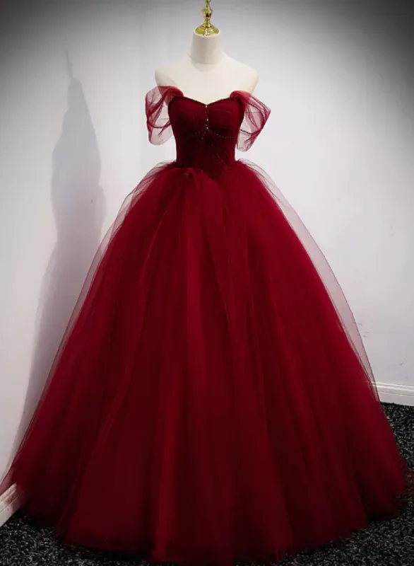 Ball Gown Wine Red Tulle Sweet 16 Dresses Off the Shoulder sold by My Chic Dress