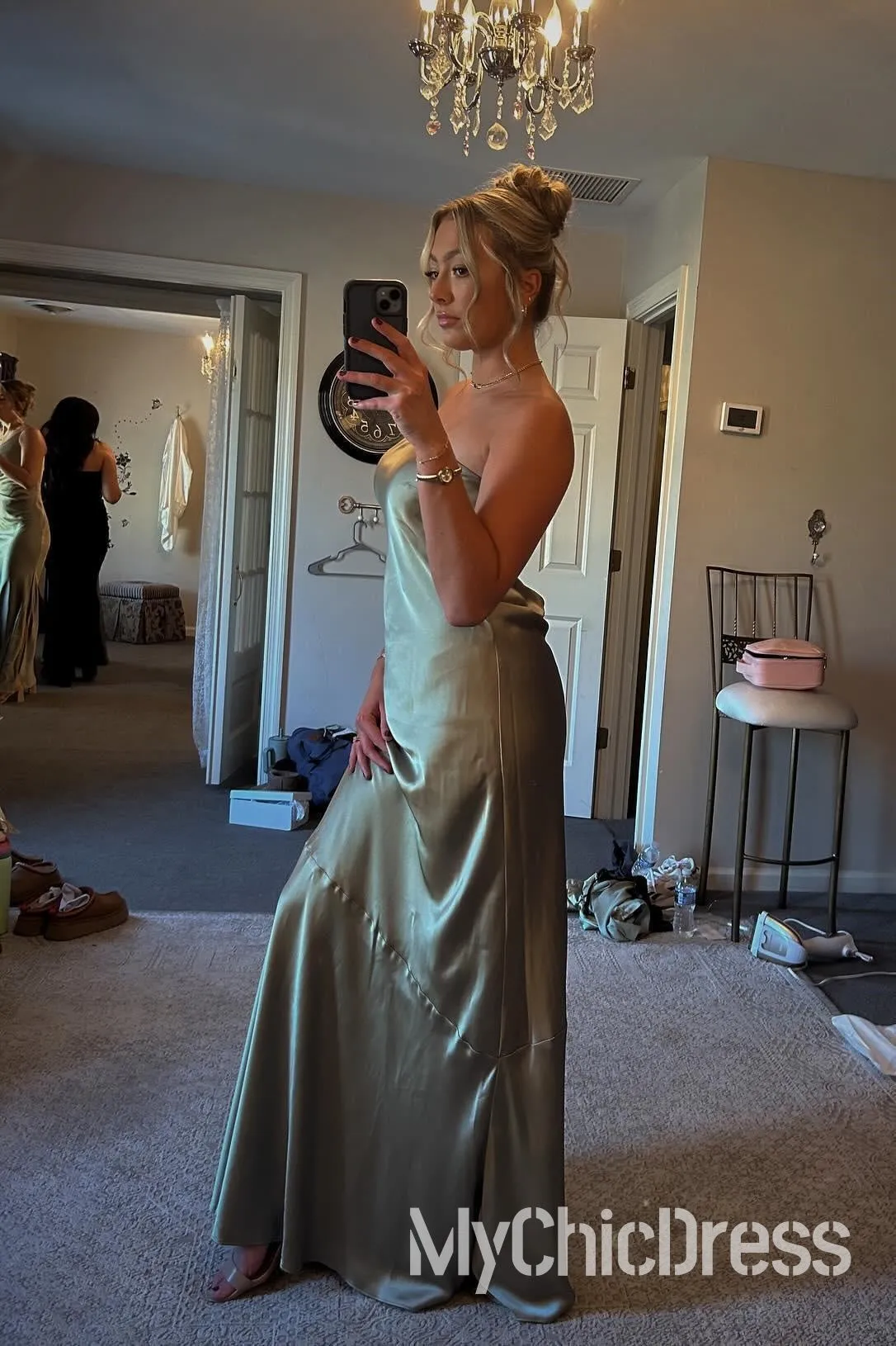 Sheath Long Strapless Olive Green Satin Formal Bridesmaid Dress sold by My Chic Dress product image thumbnail 2