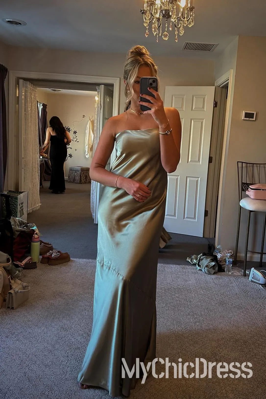 Sheath Long Strapless Olive Green Satin Formal Bridesmaid Dress sold by My Chic Dress