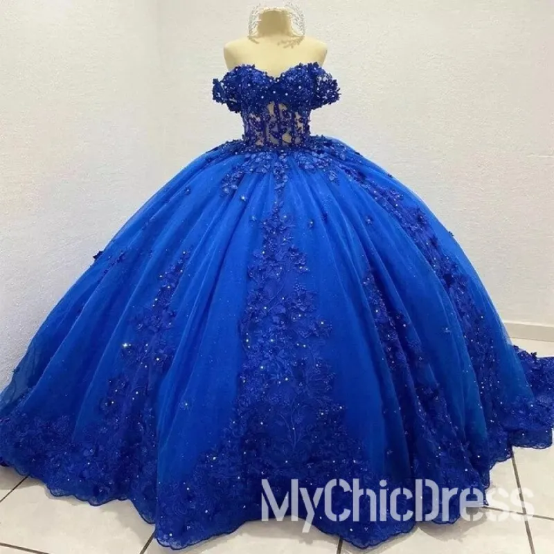 Off Shoulder Royal Blue Quinceanera Dresses Lace Applique Sweet 16 Dress Beaded sold by My Chic Dress