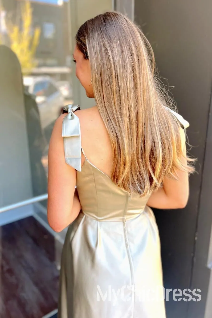 Sheath Sage Wedding Guest Dresses Satin Bow Straps with Pockets sold by My Chic Dress product image thumbnail 2