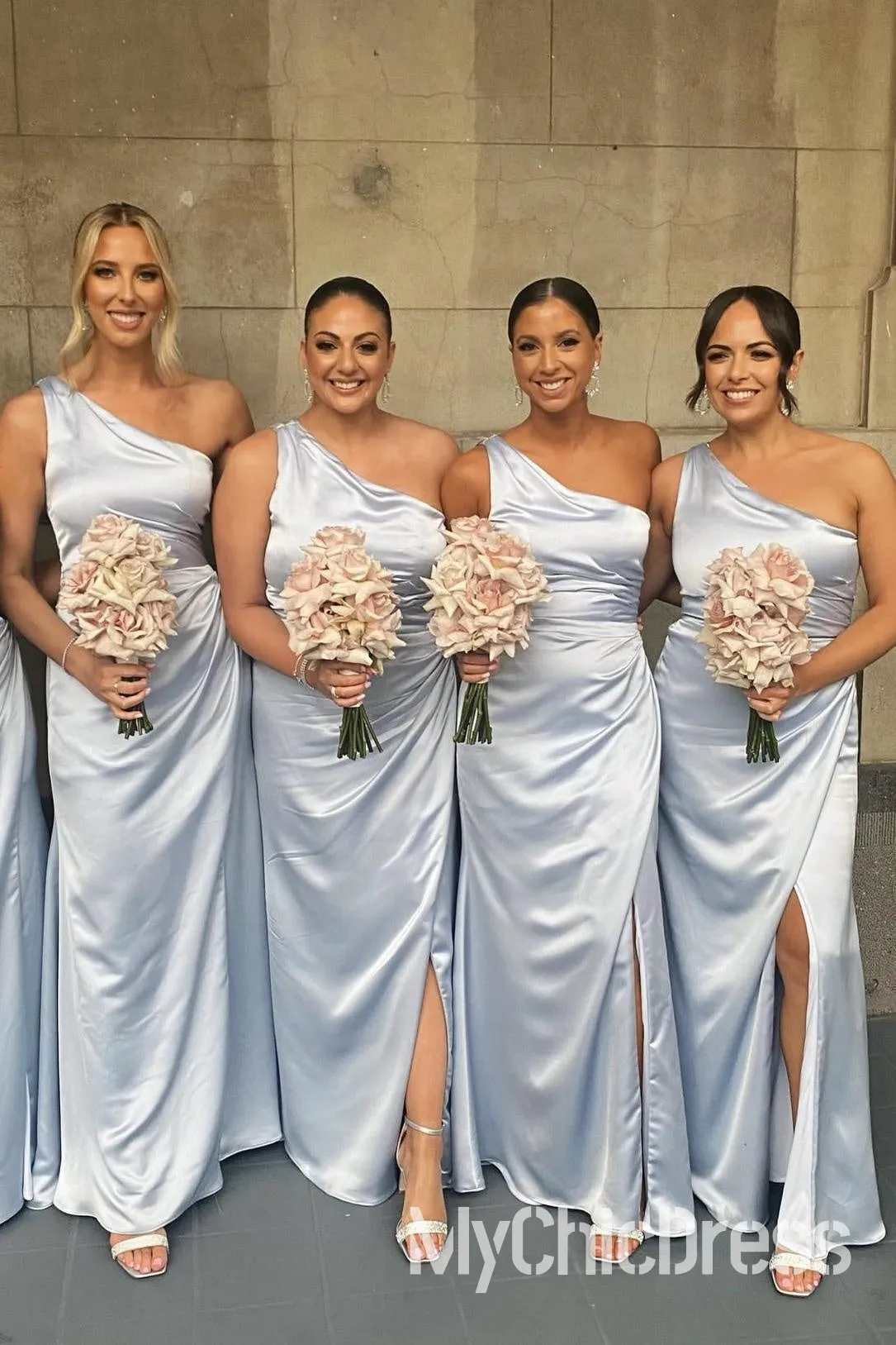 Cheap Light Blue Bridesmaid Dress Draped One Shoulder with Slit sold by My Chic Dress product image thumbnail 2