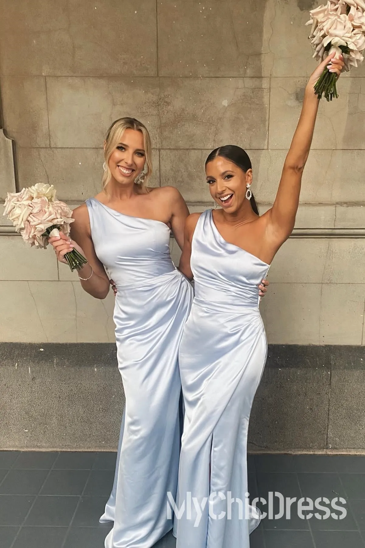 Cheap Light Blue Bridesmaid Dress Draped One Shoulder with Slit sold by My Chic Dress