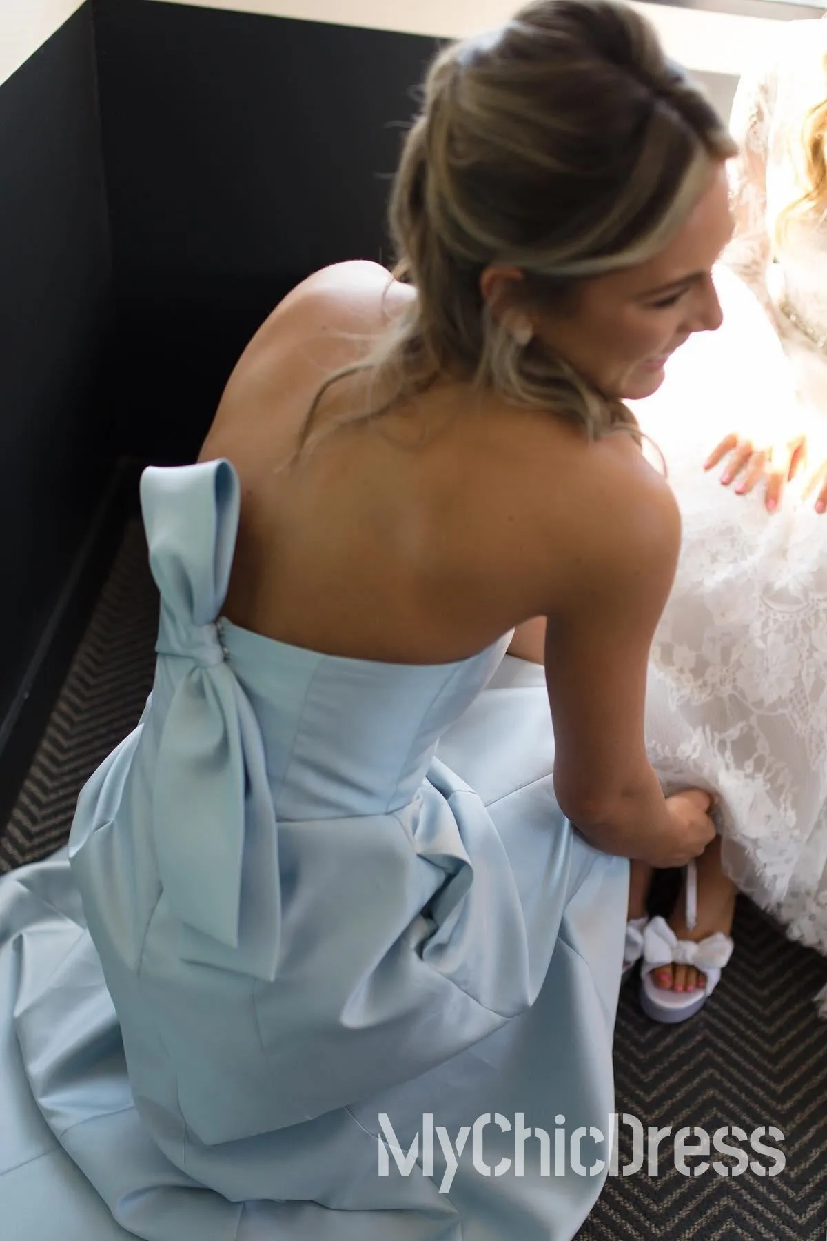 Hot Satin Beach Bridesmaid Dress Light Blue Strapless with Bow back sold by My Chic Dress product image thumbnail 3