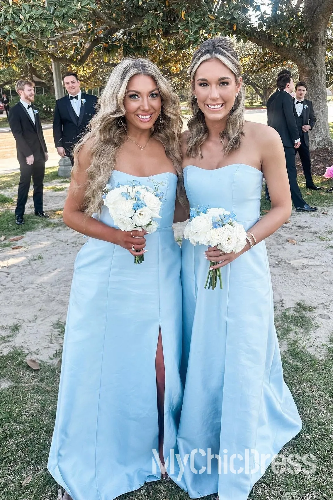 Hot Satin Beach Bridesmaid Dress Light Blue Strapless with Bow back sold by My Chic Dress