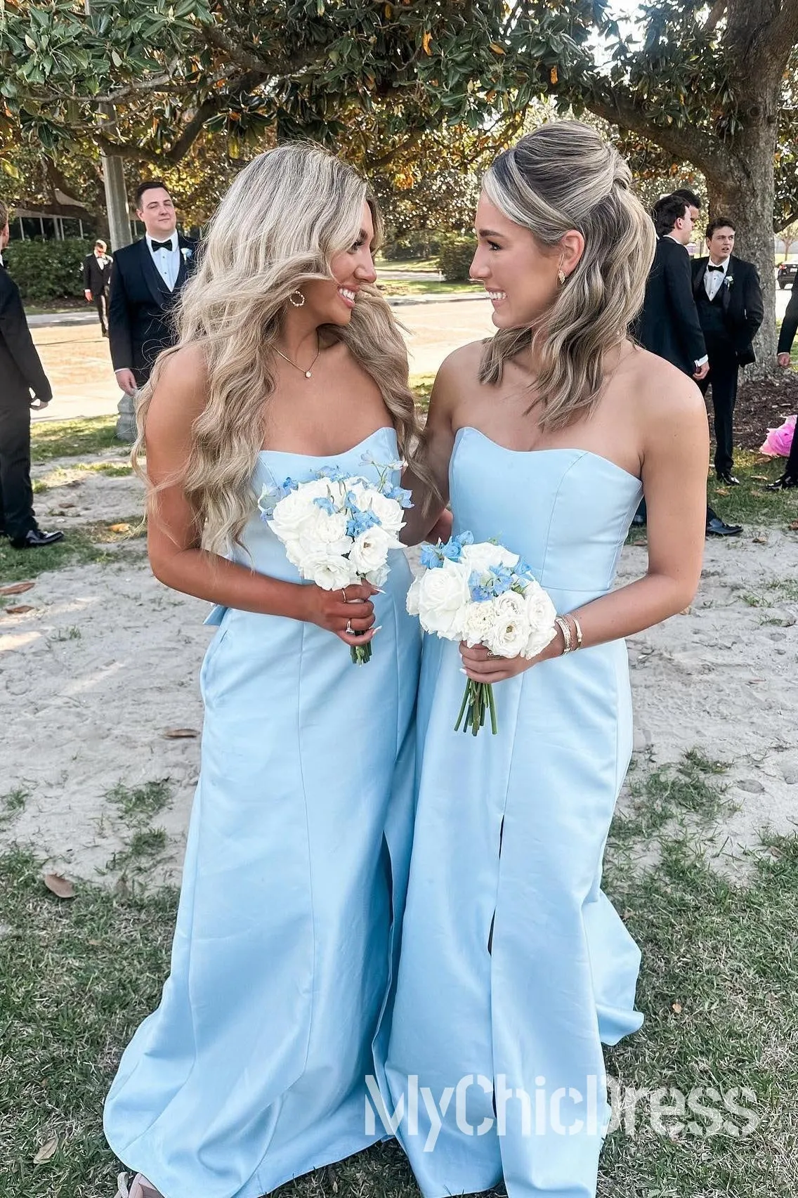 Hot Satin Beach Bridesmaid Dress Light Blue Strapless with Bow back sold by My Chic Dress product image thumbnail 2