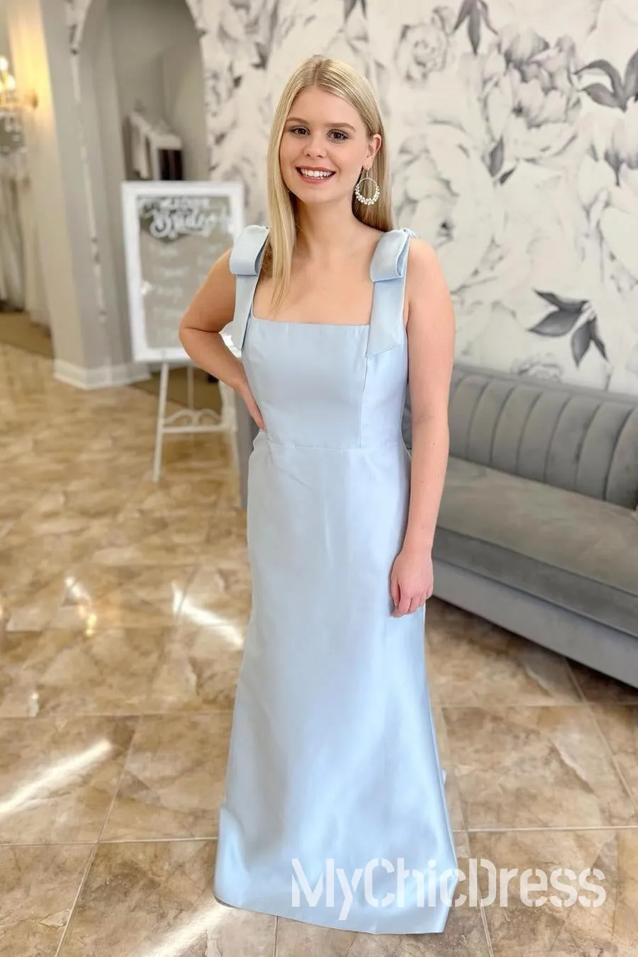 Cheap Satin Light Blue Weding Guest Dress Long with Bow Straps sold by My Chic Dress