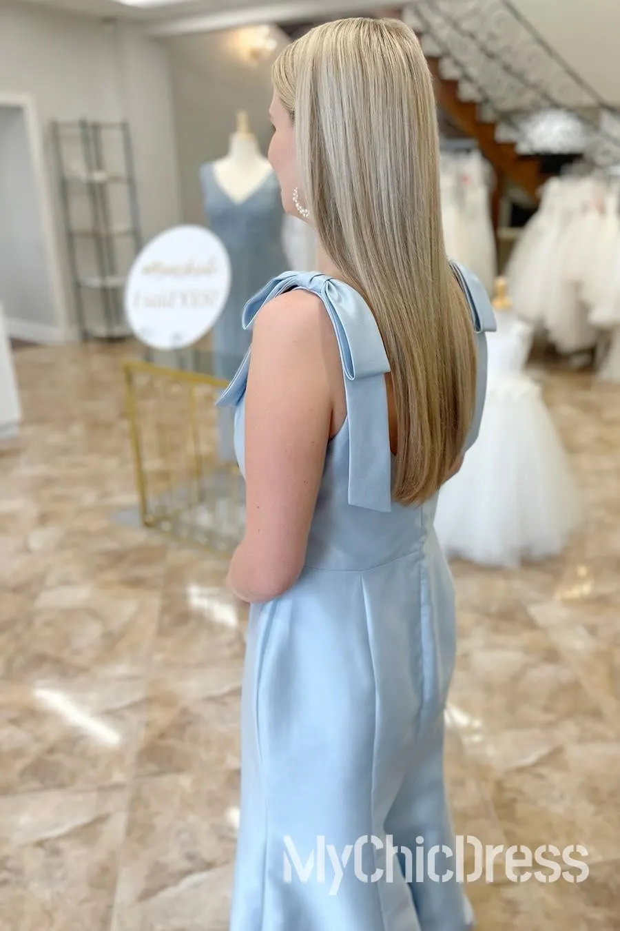 Cheap Satin Light Blue Weding Guest Dress Long with Bow Straps sold by My Chic Dress product image thumbnail 2