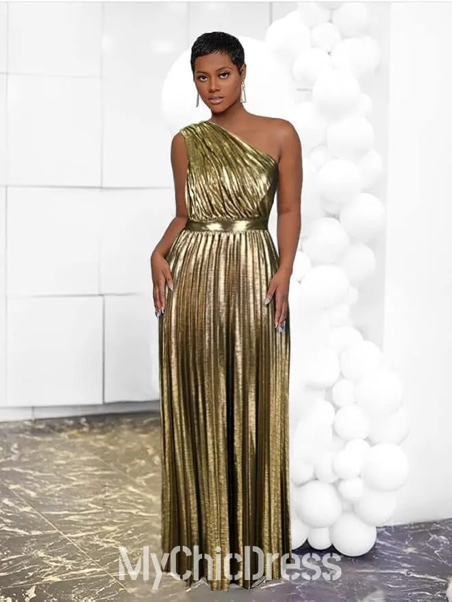 One Shoulder Women Metallic Wedding Guest Dress Pleated Sleeveless sold by My Chic Dress