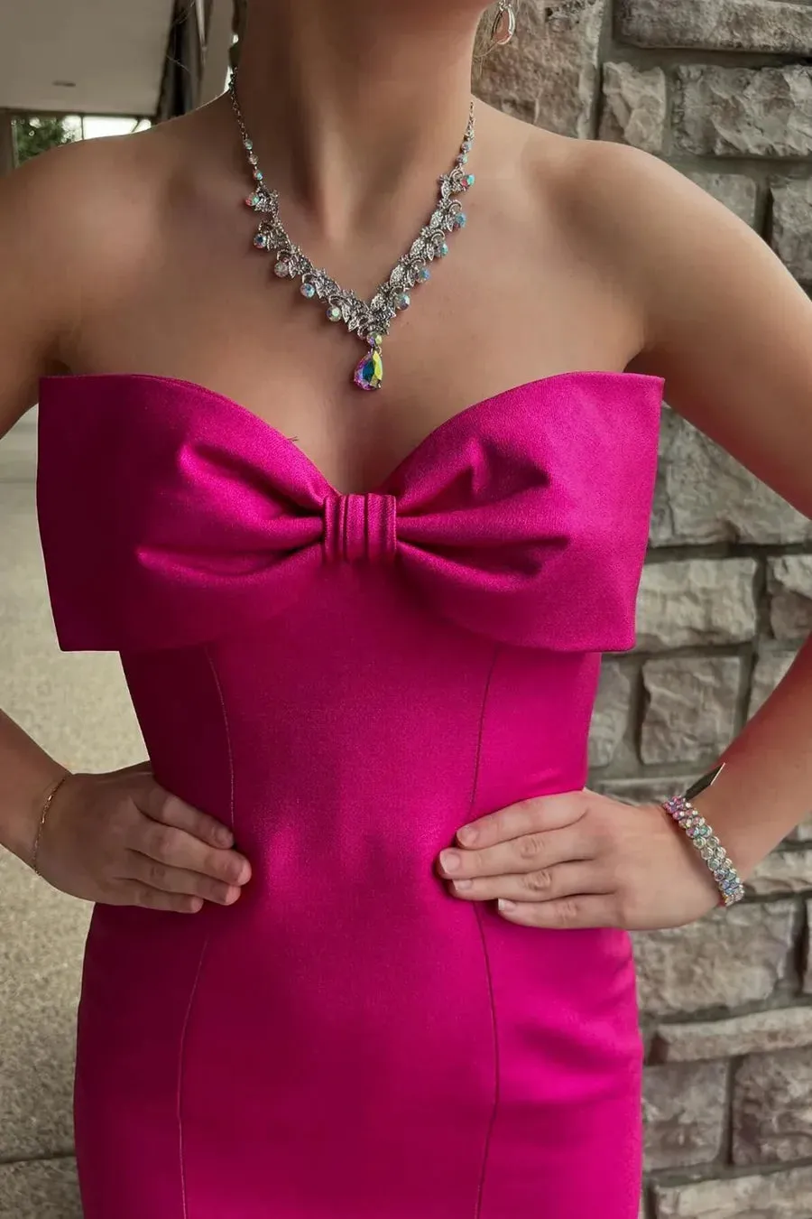 Sexy Hot Pink Strapless Prom Dress Mermaid Satin with Bow sold by My Chic Dress product image thumbnail 3