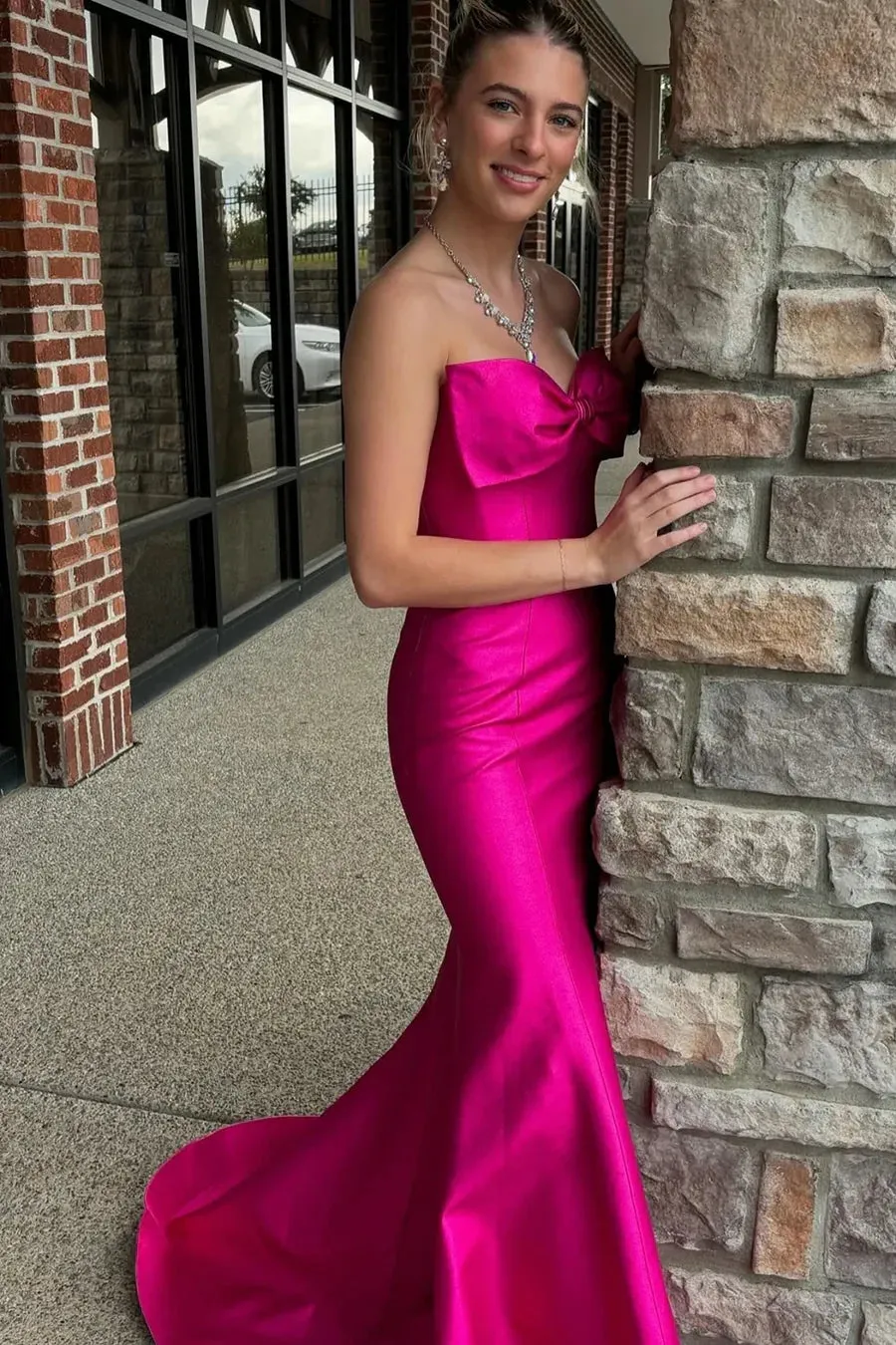 Sexy Hot Pink Strapless Prom Dress Mermaid Satin with Bow sold by My Chic Dress product image thumbnail 2