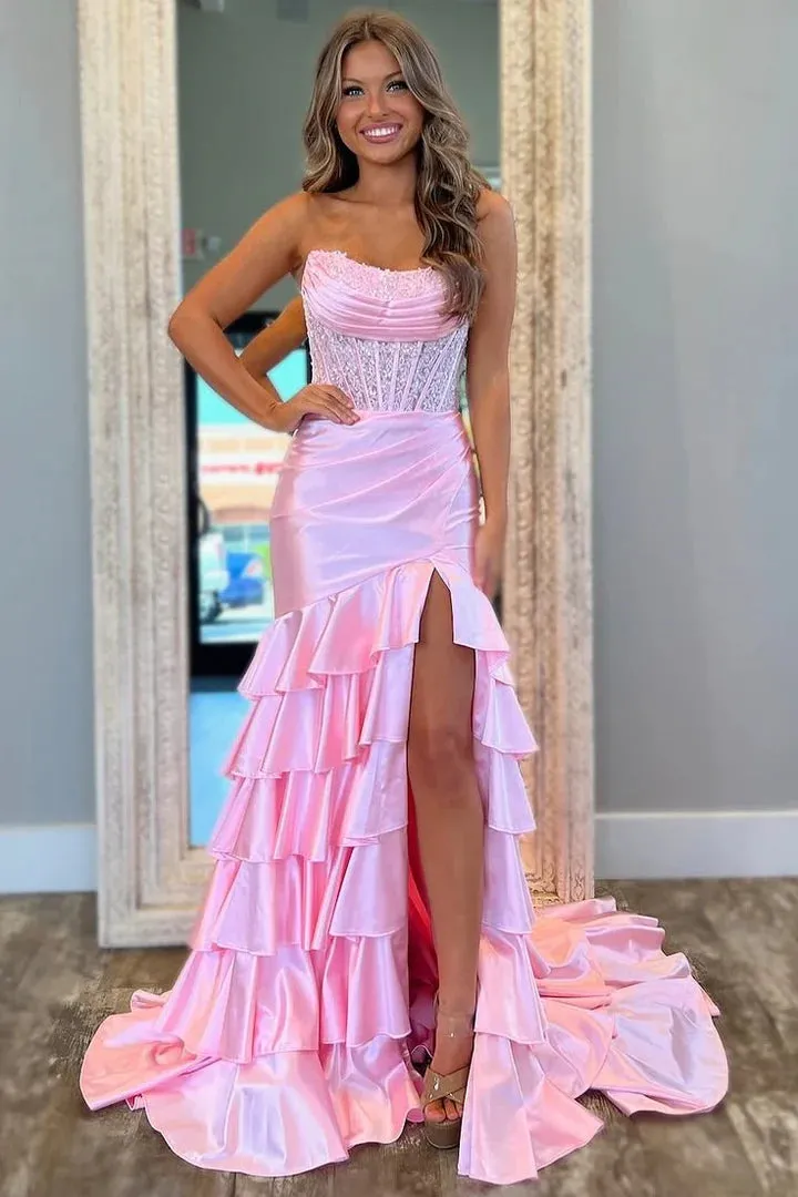 Tiered Light Pink Prom Dress 2025 Lace Applique Ruffle Strapless with Slit sold by My Chic Dress