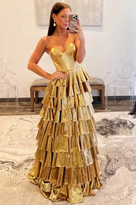 A-Line Metallic Gold Prom Dress Tiered Ruffle Sweetheart sold by My Chic Dress