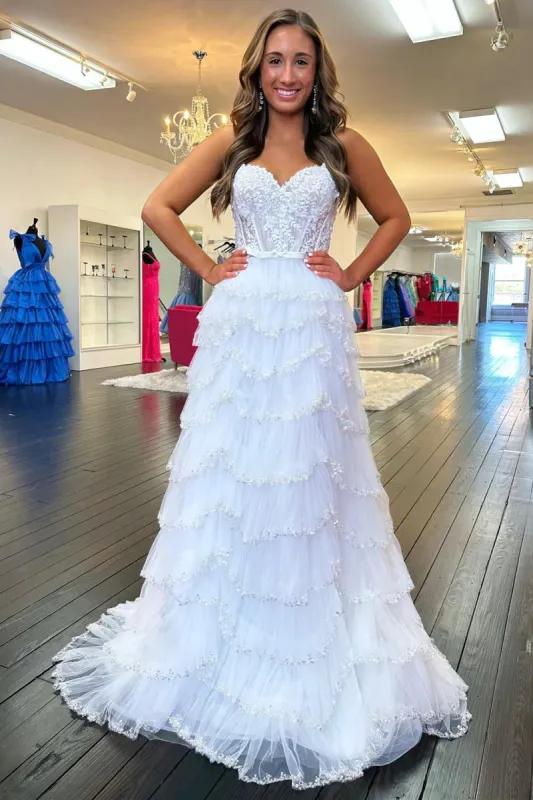 White Tiered Prom Dress Lace Beaded Ruffle Long Gown Slit sold by My Chic Dress
