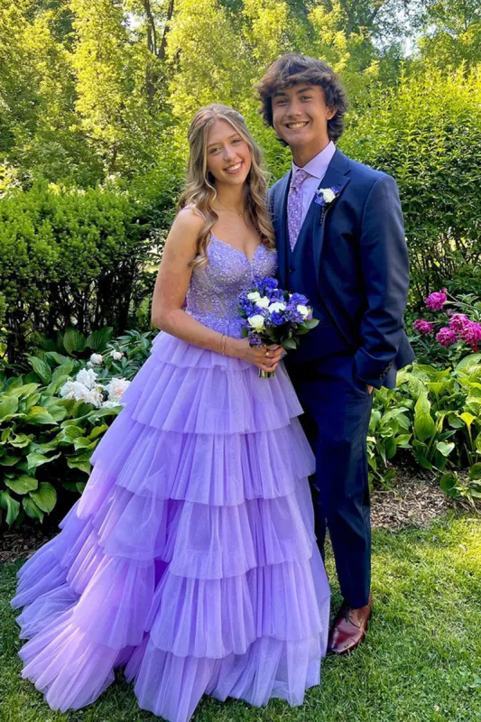 Long Tulle Lilac Corset Prom Dress A Line Ruffled Lace Evening Dress sold by My Chic Dress