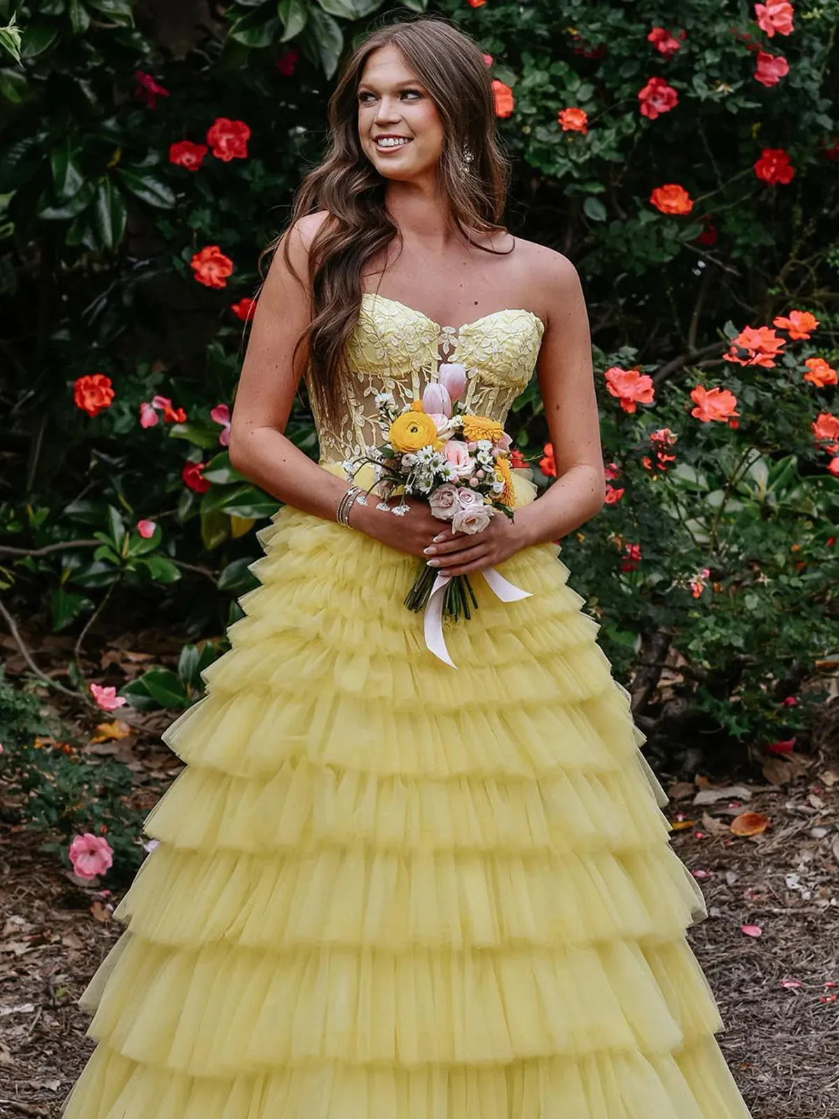 Yellow Tiered Lace Prom Dress Sweeheart A Line Tulle Formal Gown sold by My Chic Dress product image thumbnail 5