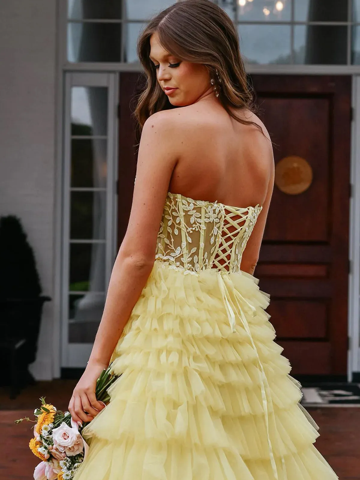 Yellow Tiered Lace Prom Dress Sweeheart A Line Tulle Formal Gown sold by My Chic Dress product image thumbnail 3