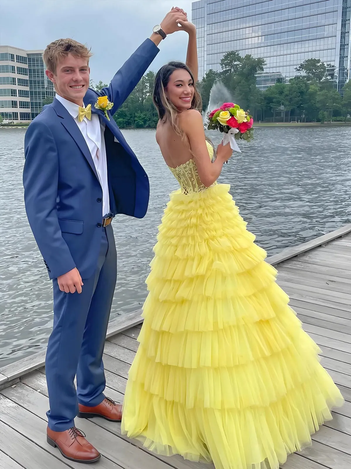 Yellow Tiered Lace Prom Dress Sweeheart A Line Tulle Formal Gown sold by My Chic Dress product image thumbnail 2