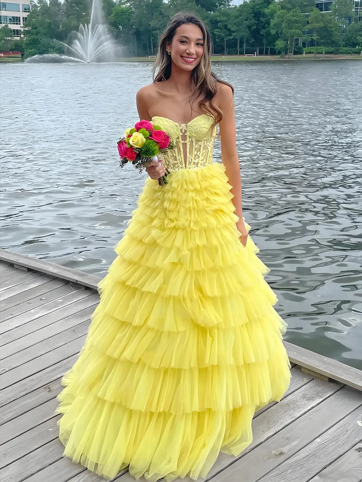 Yellow Tiered Lace Prom Dress Sweeheart A Line Tulle Formal Gown sold by My Chic Dress